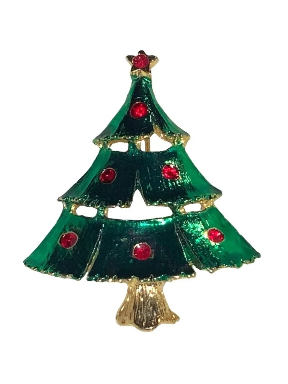 Christmas Tree Pin with Red  Rhinestones Tree Decorations gold tone